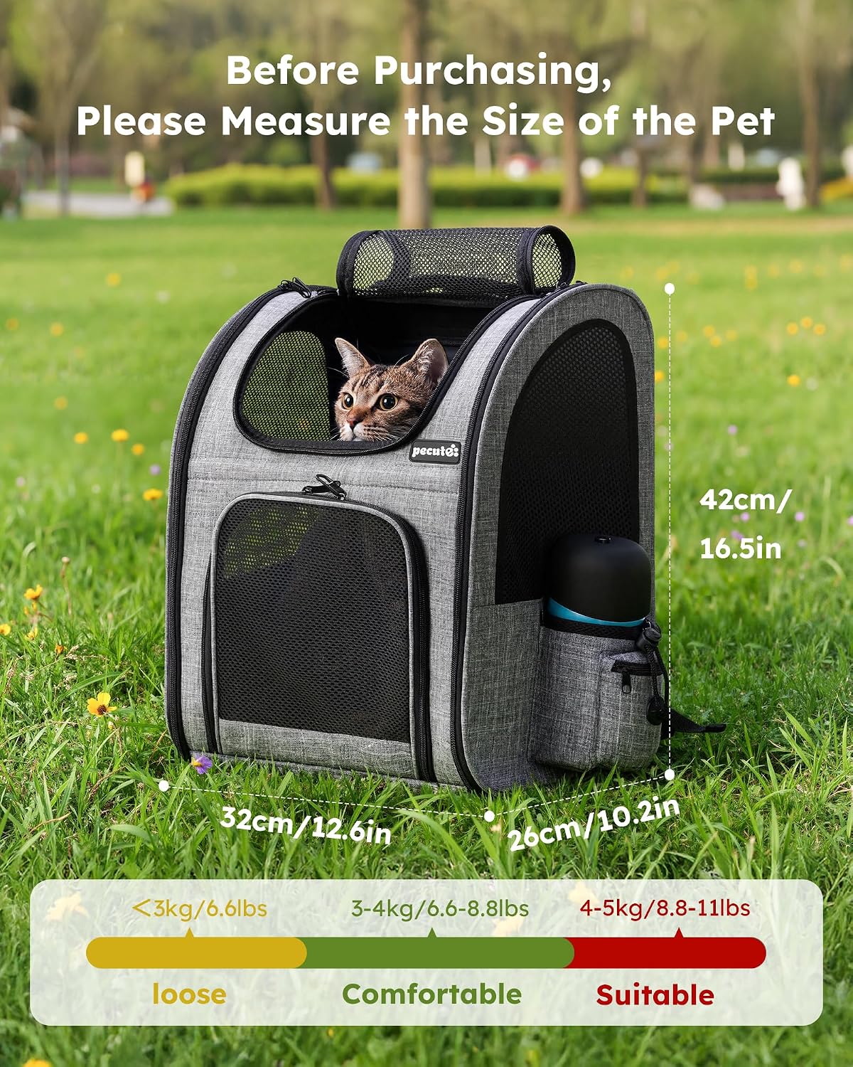 Breathable Pet Backpack Carrier | Cat & Dog Travel Rucksack, Grey (Large)