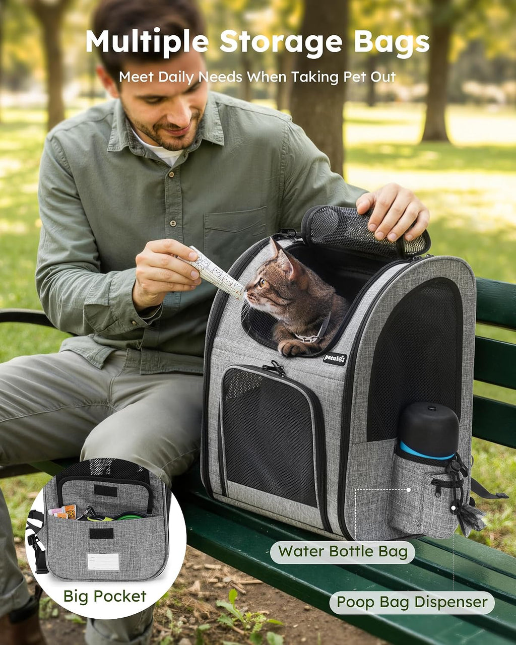 Breathable Pet Backpack Carrier | Cat & Dog Travel Rucksack, Grey (Large)