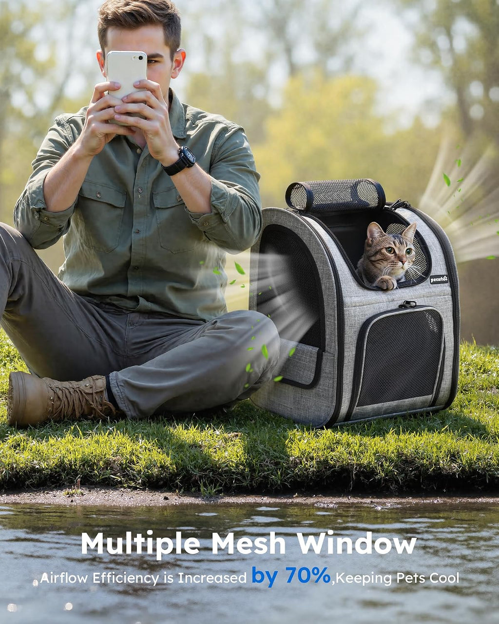 Breathable Pet Backpack Carrier | Cat & Dog Travel Rucksack, Grey (Large)
