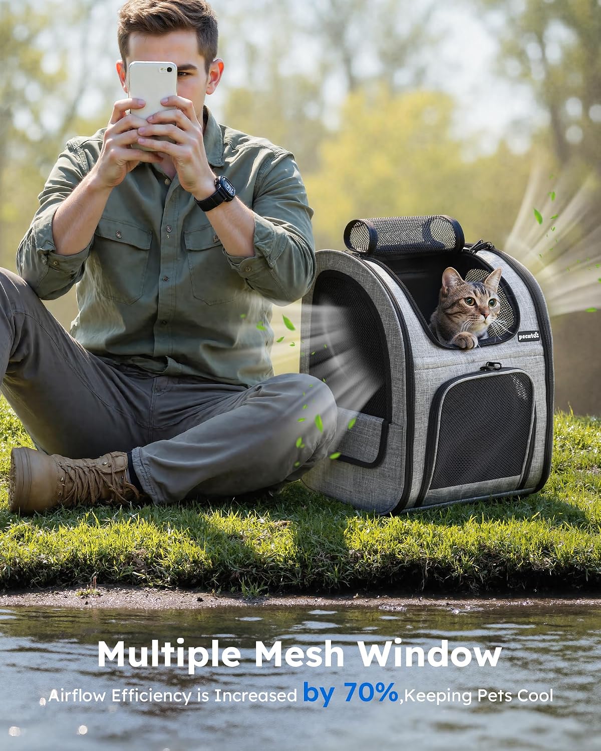 Breathable Pet Backpack Carrier | Cat & Dog Travel Rucksack, Grey (Large)