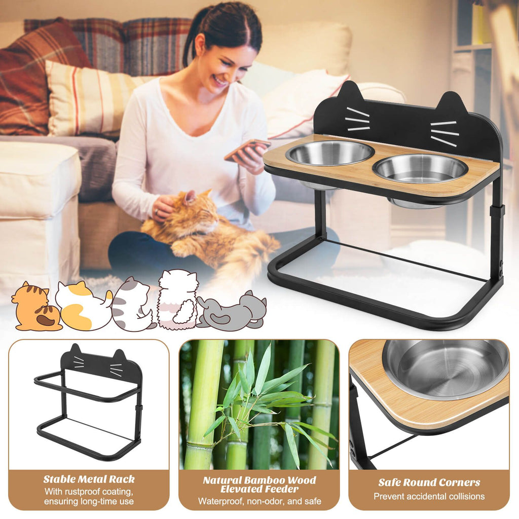 Elevated Double Cat Bowl Stand | Raised Feeding Station with Stainless Steel Bowls