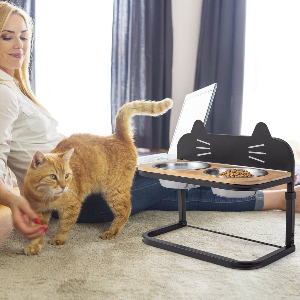 Elevated Double Cat Bowl Stand | Raised Feeding Station with Stainless Steel Bowls