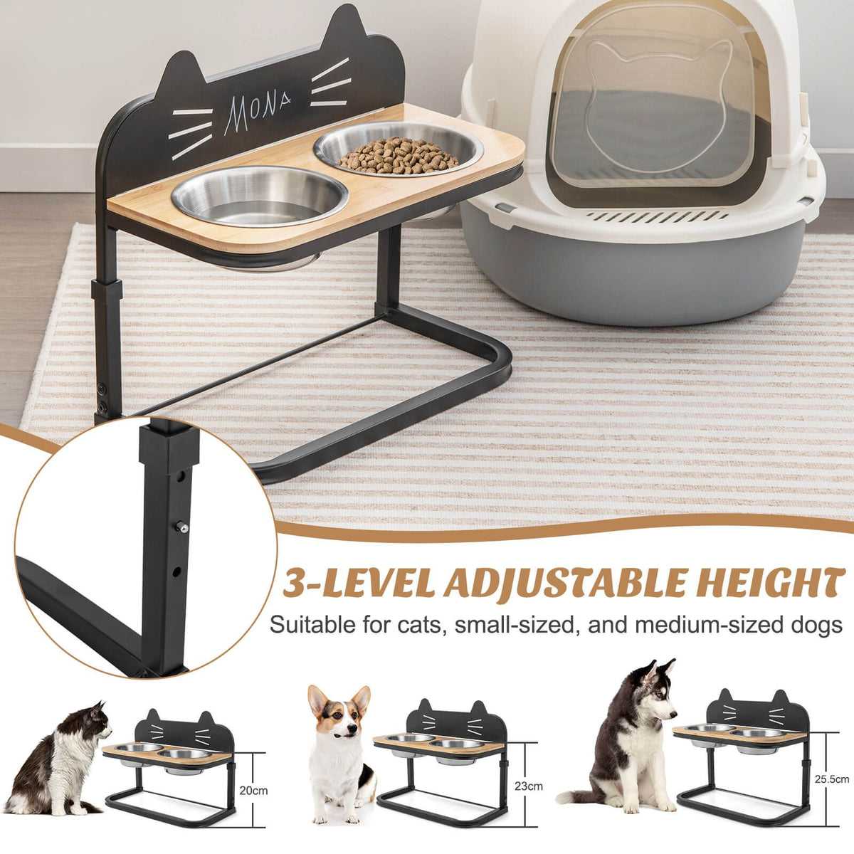 Elevated Double Cat Bowl Stand | Raised Feeding Station with Stainless Steel Bowls