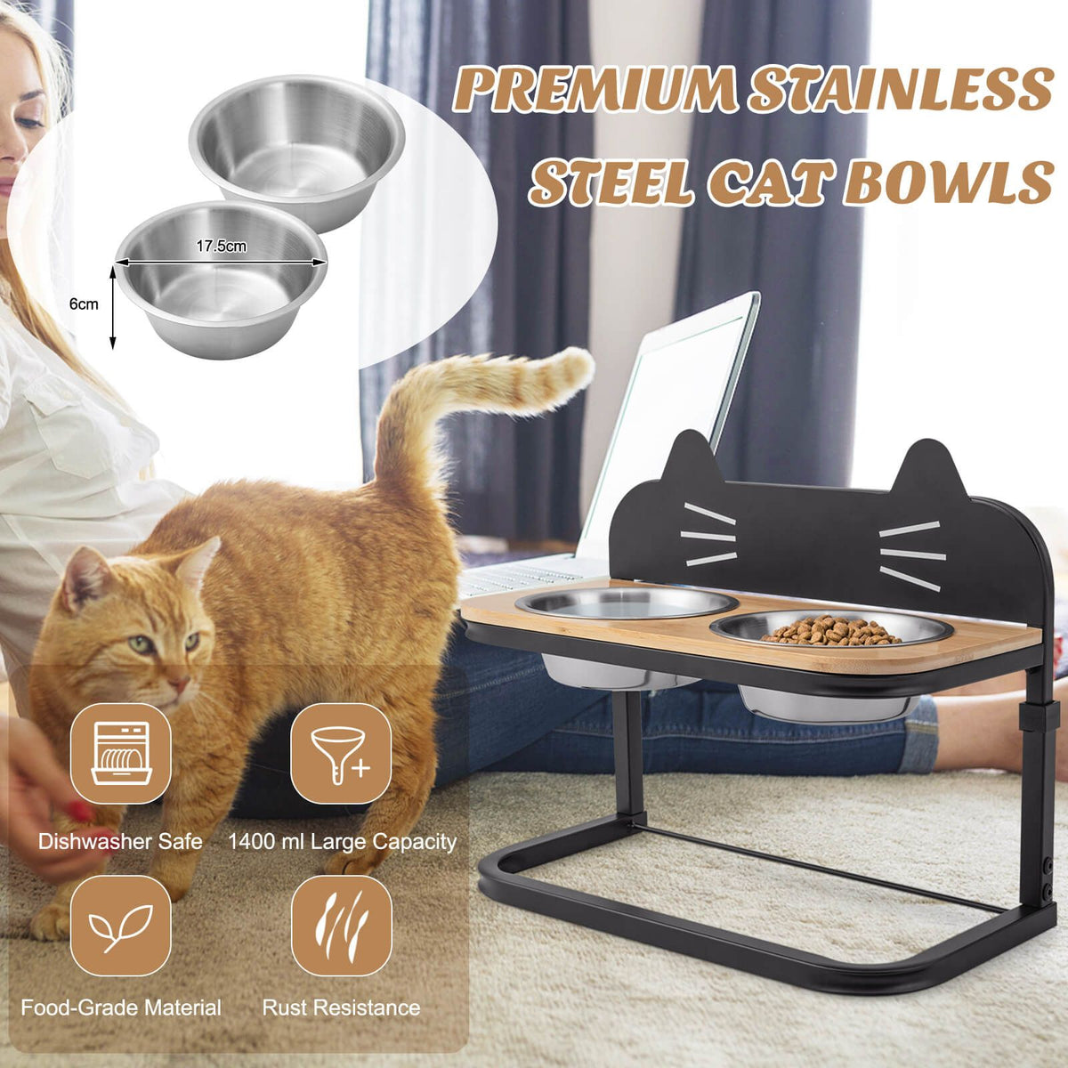 Elevated Double Cat Bowl Stand | Raised Feeding Station with Stainless Steel Bowls