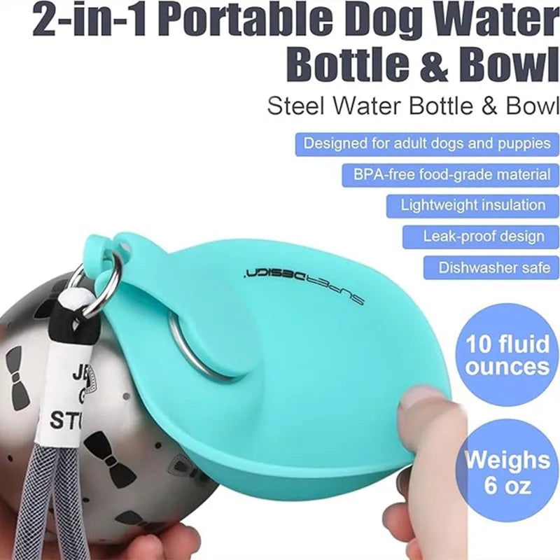 Portable Dog Water Bottle | Stainless Steel No-Spill Travel Water Dispenser with Bowl